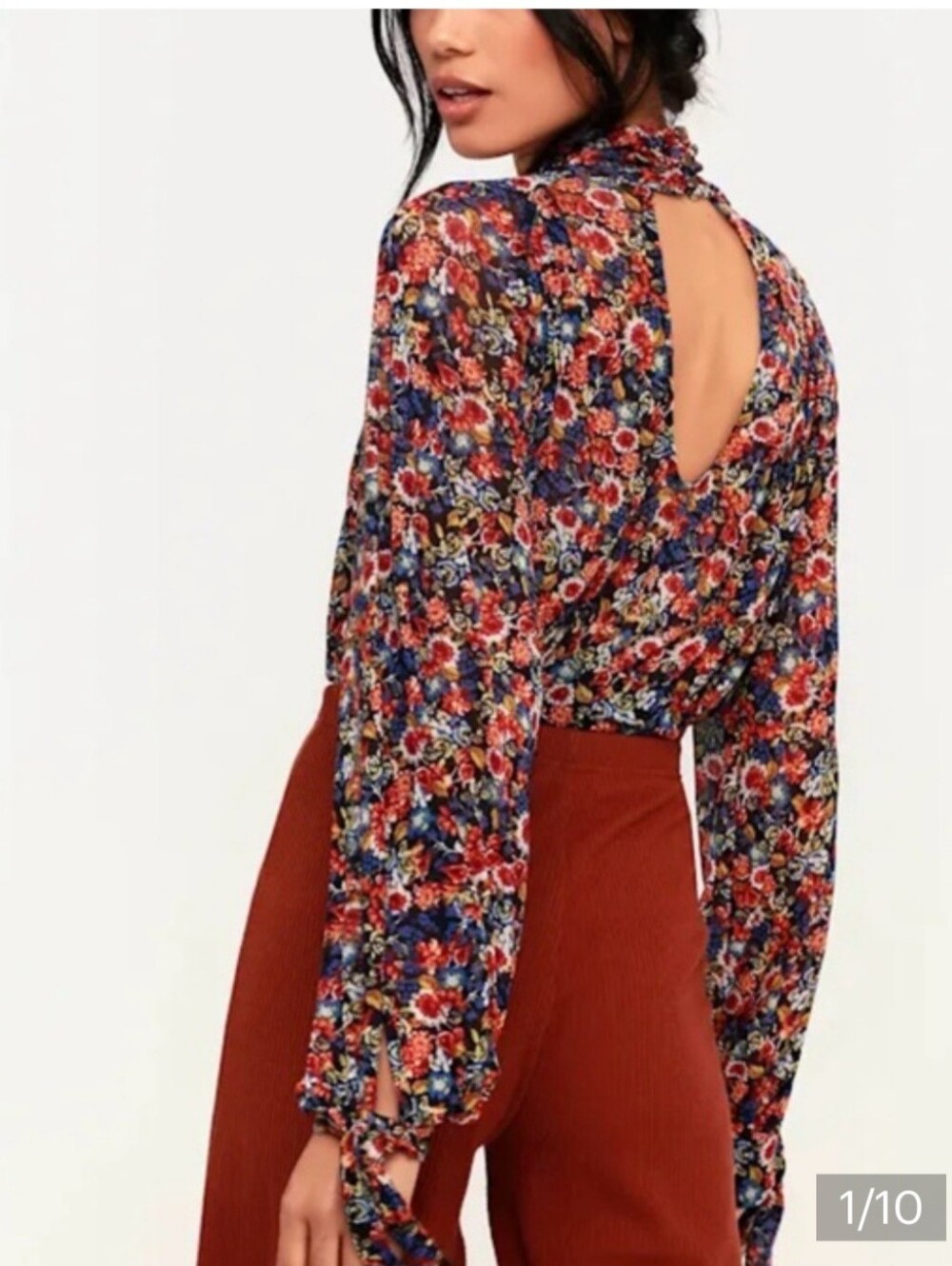 Free People All Dolled Up Sheer Mesh Floral Long Sleeve Mock Neck Boho Top Small